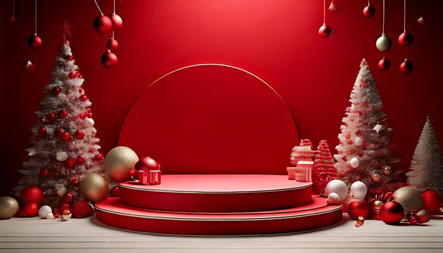 artificial intelligence generates red podiums holiday product presentations festive red white christmas backdrop design
