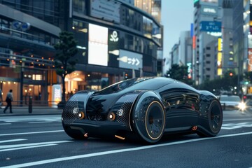 Fototapeta premium Futuristic black electric car is driving through a busy street in tokyo, japan