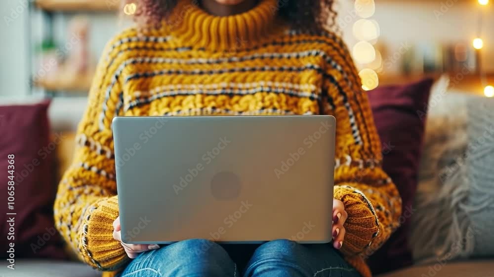 Poster A person wearing a knitted yellow sweater is focused on their laptop while comfortably seated on a couch. The space is cozy, decorated with warm lights, creating an inviting atmosphere.