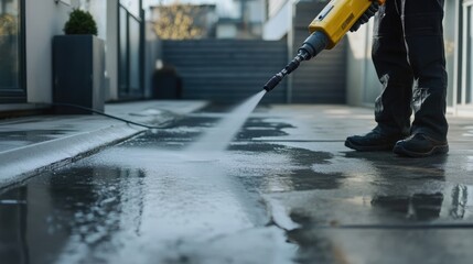 Obraz premium Worker Using High-Pressure Washer to Clean Modern Outdoor Patio with Water Reflections and Contemporary Architecture