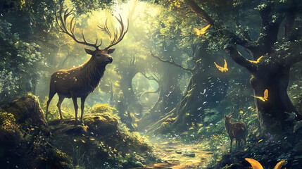 Mystical forest landscape with wild fantasy animals. Mystical. Illustration