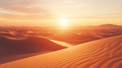 A serene desert landscape at sunset, showcasing rolling dunes and warm colors.
