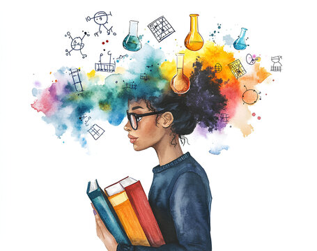 Watercolor illustration of a student studying science, with books and beakers floating around their head in the shape of a cloud made up of mathematical symbols and equations. 