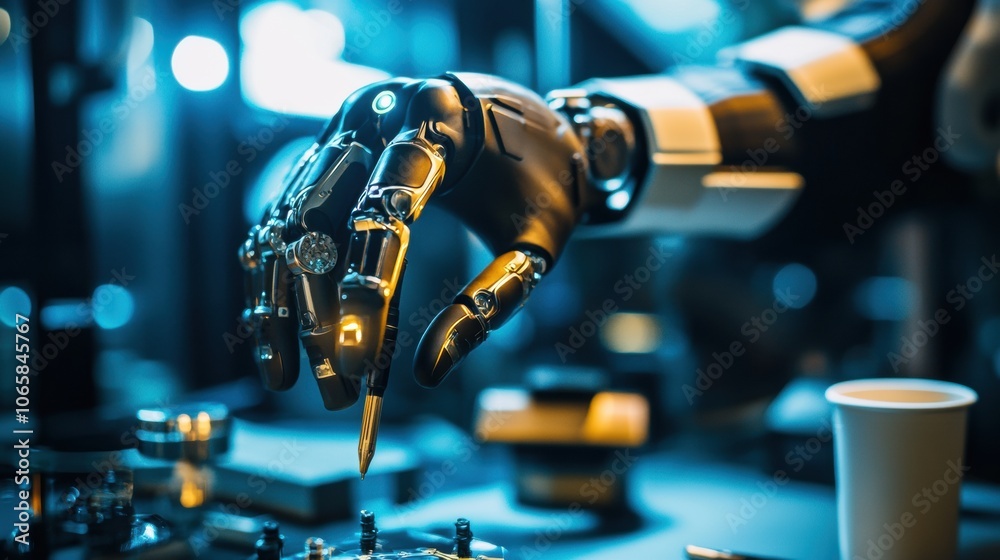 Poster A robotic prosthetic hand is skillfully grasping a small object in a high-tech laboratory setting, demonstrating advanced technology. Generative AI