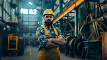 Male factory worker poses proudly with arms crossed in busy workshop