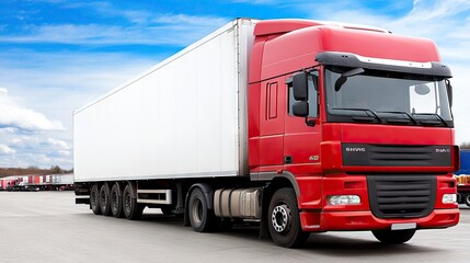 Modern warehouse with a bright red truck parked against a clear blue sky, ideal for logistics and transportation visuals
