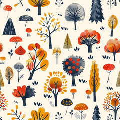 Seamless pattern with autumn trees, cartoon style forest on white background