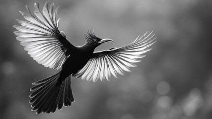 Obraz premium A black and white image of a bird with its wings spread out in flight.