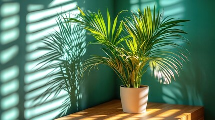 Obraz premium A potted palm plant in a corner with sunbeams casting shadows on the wall behind it.