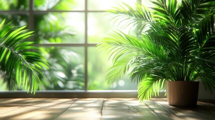 Fototapeta premium A potted palm plant in the foreground with a window overlooking a lush green forest with sunlight streaming through.