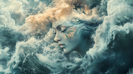 Fototapeta premium Surreal art of a woman's face merging with ocean waves, depicting a mystical and dreamlike scene blending nature and human form. Mystical. Illustration