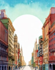Obraz premium watercolor of buildings all around with empty copy space in the middle