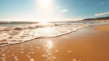 Obraz premium Golden Hour Beach: Gentle waves caress the sun-kissed sand as the sun dips below the horizon, painting the sky with warm hues. A tranquil scene perfect for relaxation and escape. 