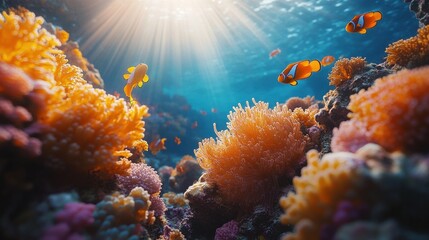 Obraz premium Colorful coral reef with clownfish swimming amidst vibrant corals under sunlight in a clear ocean