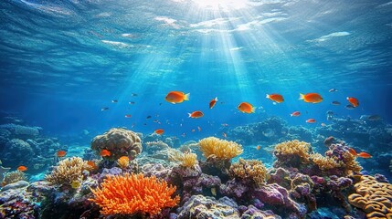 Obraz premium Vibrant coral reef teeming with colorful fish under radiating sunlight in a crystal-clear ocean in the tropical Pacific
