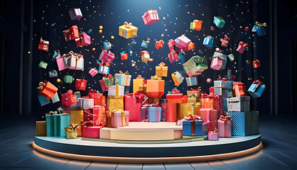 colorful gifts swirl air lively christmas display grand podium stage
