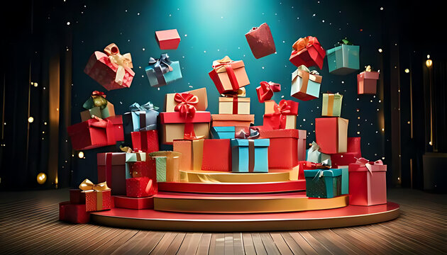 colorful gifts swirl air lively christmas display grand podium stage
