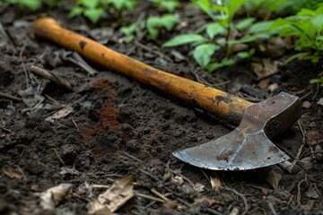Old rusty axe is lying on the ground in the forest