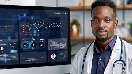A healthcare professional in a white coat examines analytics displayed on a computer screen in a contemporary clinic. The environment is well-lit and organized, showcasing health data.