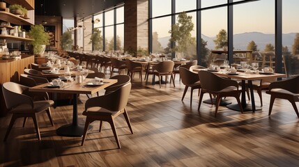 Fototapeta premium Restaurant decor with elegant hardwood walls and ceramic floors, blending natural textures for a refined atmosphere.