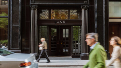 Urban financial district scene with bank building and pedestrians in motion