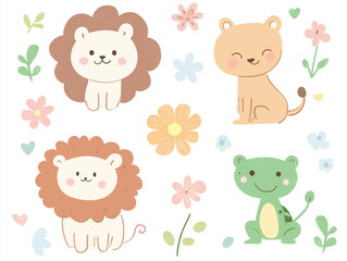 Obraz premium Cute animal cartoon pattern, simple line style, white background, simple lines, soft color scheme, cute and lovely pet pattern