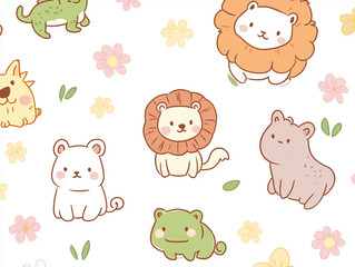 Obraz premium Cute animal cartoon pattern, simple line style, white background, simple lines, soft color scheme, cute and lovely pet pattern