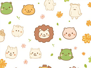 Fototapeta premium Cute animal cartoon pattern, simple line style, white background, simple lines, soft color scheme, cute and lovely pet pattern