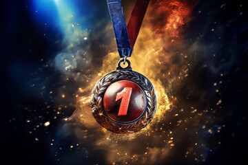 Sports gold medal for first place on epic background with sparks and fire. Poster for sports events and sports betting. Background for sports applications in mobile phone.
