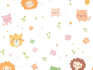 Cute animal cartoon pattern, simple line style, white background, simple lines, soft color scheme, cute and lovely pet pattern