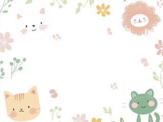 Obraz premium Cute animal cartoon pattern, simple line style, white background, simple lines, soft color scheme, cute and lovely pet pattern