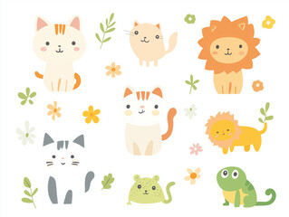 Fototapeta premium Cute animal cartoon pattern, simple line style, white background, simple lines, soft color scheme, cute and lovely pet pattern
