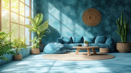 A blue living room with a large window, a blue sofa, a coffee table, and plants.