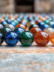 Colorful glass marbles on a textured surface