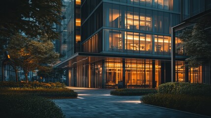 Fototapeta premium Modern office building illuminated at twilight showcasing contemporary architecture and urban landscaping.