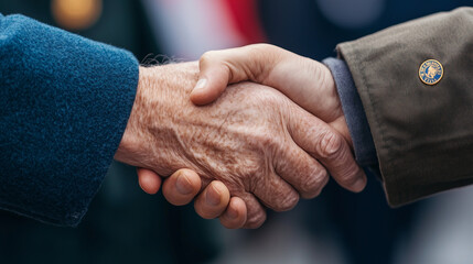Fototapeta premium Young and old veterans shaking hands in a symbolic passing of the torch, with a flag backdrop and commemorative pins on their jackets