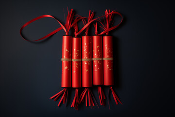 Festive red decorative firecrackers tied with golden ribbons on a dark background, ideal for New Year celebrations.