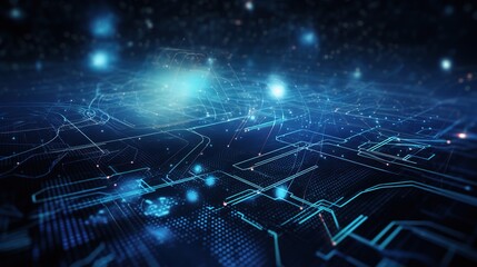 Obraz premium â€¢ Blue quantum technology background with circuit lines and digital elements, evoking advanced tech themes, copy space, High quality, + --ar 16:9 --v 5 Job ID: 659cab7a-1ab9-4c57-85e6-53977c214583