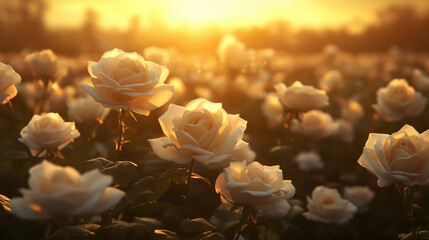 Pole białych r&oacute;ż kwitnie w promieniach zachodzącego słońca, nadając im magiczny blask.
