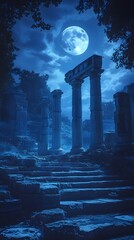 Fototapeta premium Ancient ruins illuminated by moonlight, fog drifting through the scene, blue moon