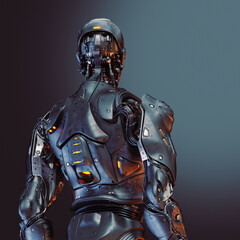 Futuristic humanoid robot with intricate mechanical design and glowing elements, viewed from backside against a gradient blue background