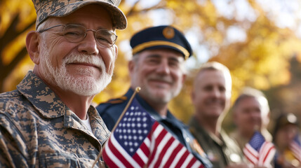 A diverse group of veterans from different military branches standing proudly together, each wearing their distinct uniforms. They smile warmly as they hold small American flags ag