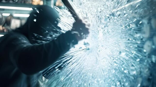 Jewelry store heist, with hooded unrecognizable man smashing window glass with a hammer. Slow motion video