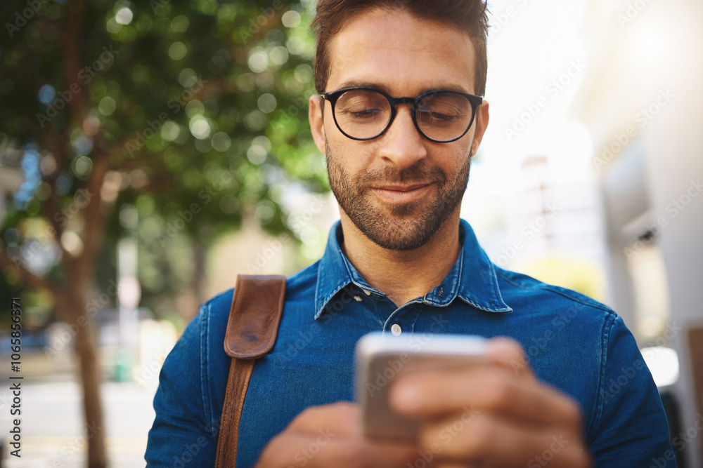 Poster city, businessman and scroll with smartphone for social media, networking and chat message with onli