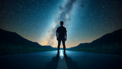 Fototapeta premium person standing on the road under milky way at night isolated with white highlights, png