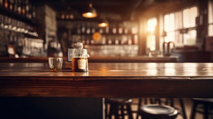 Golden Hour at the Bar: A dimly lit bar setting with a bottle of whiskey and two shot glasses on a wooden counter.