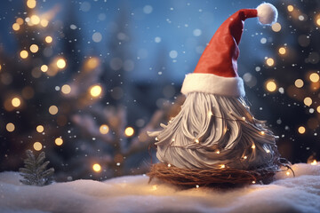 A whimsical Christmas gnome with a red hat, surrounded by twinkling lights and snow, creates a cozy...