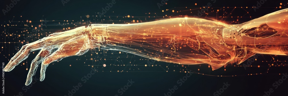 Fototapete this artwork showcases a prosthetic arm responding to neural signals, featuring luminous lines symbo