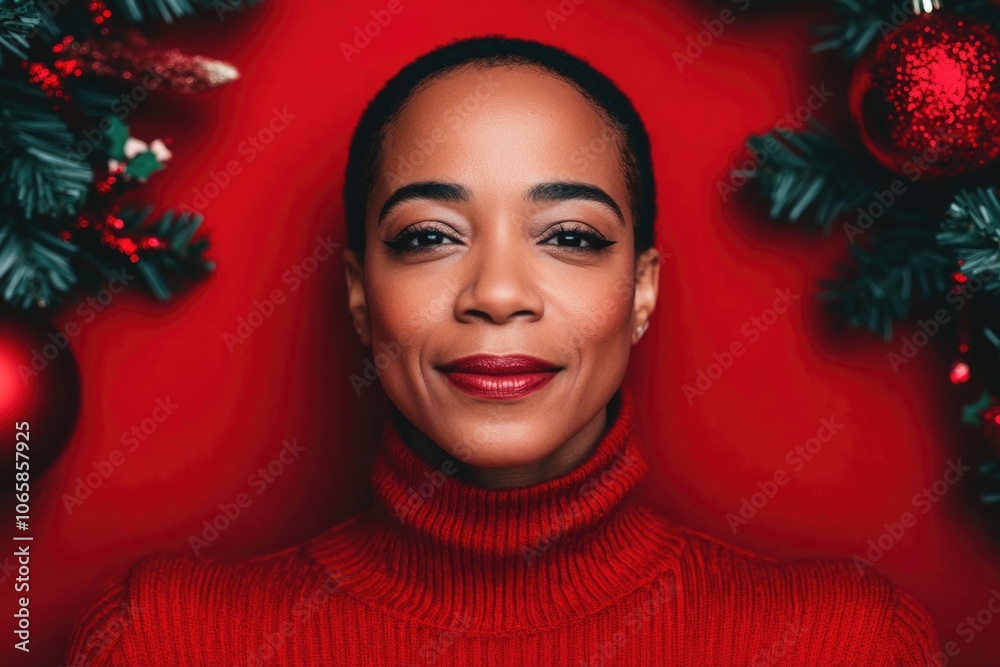 Wall mural Festive portrait of woman in red sweater with holiday decorations