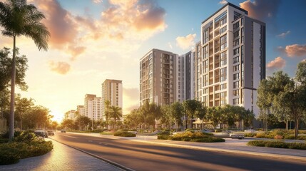Obraz premium A modern urban landscape featuring high-rise building and a sunset backdrop along a tree-lined street.